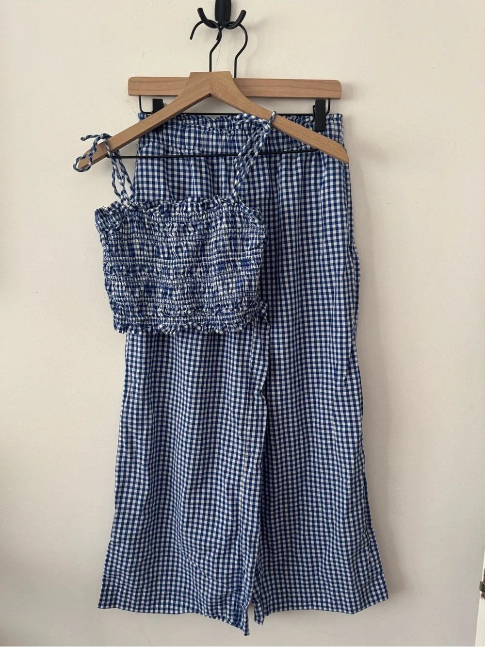 LOFT Blue and White Gingham Smocked Top Set